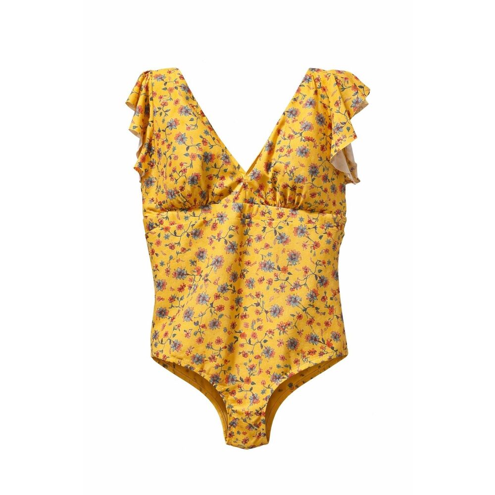 ModCloth Yellow Floral One Piece Swimsuit 3X V Neck Ruffle Sleeve Plus Size